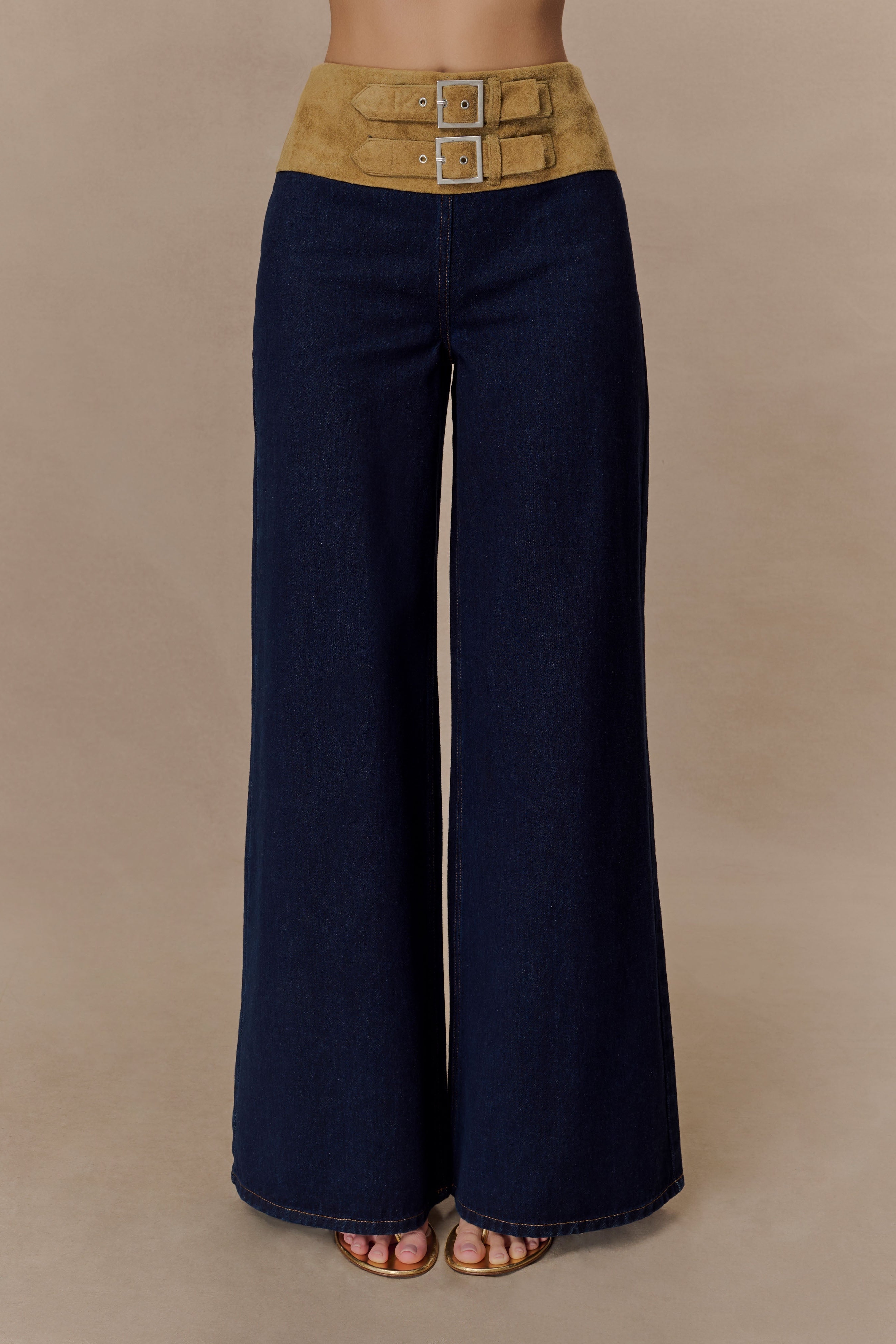 Blue Faux Suede Belted Denim Wide Leg Jeans