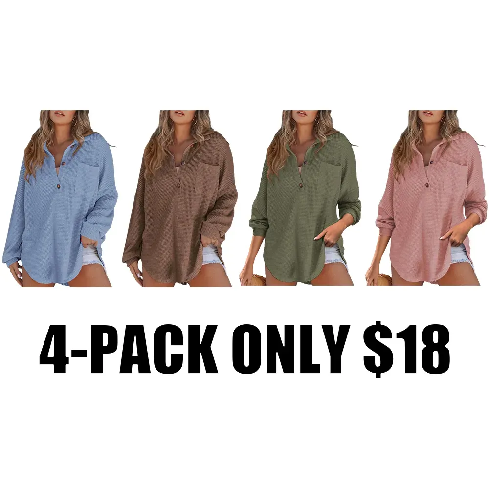 Women's Waffle Henley Shirt Tops