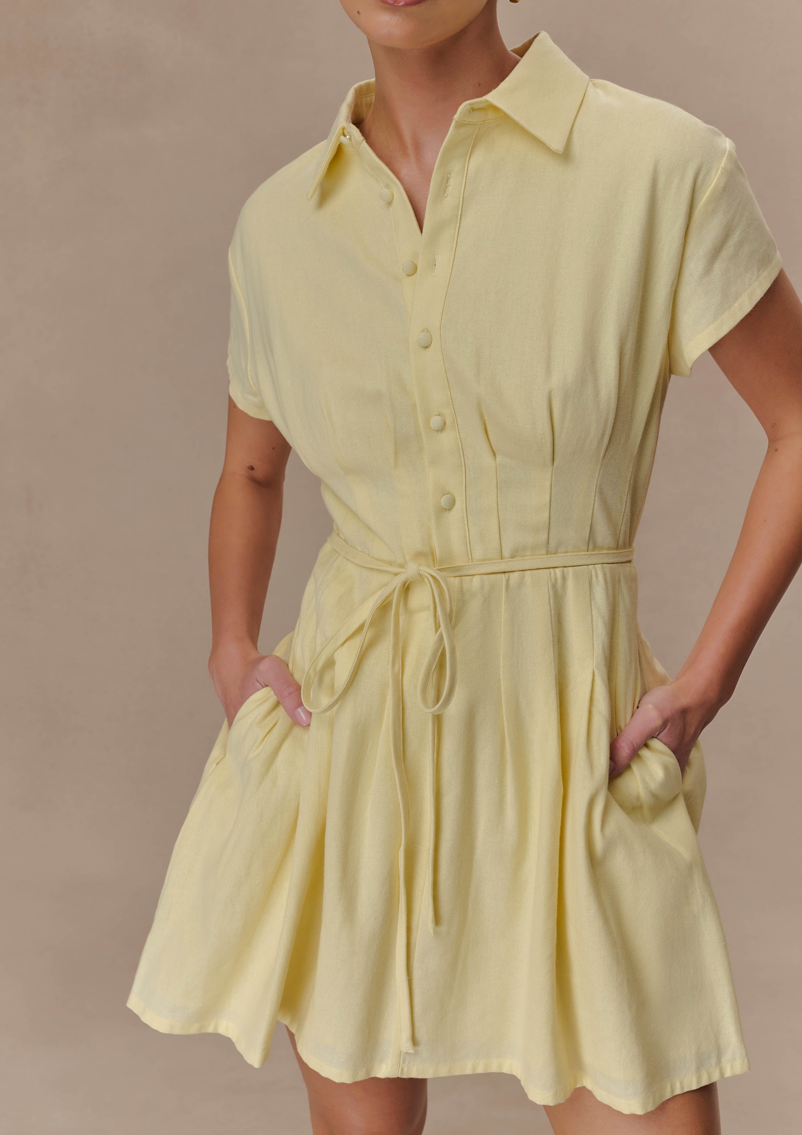 Lemon Buttoned Linen Mini Dress