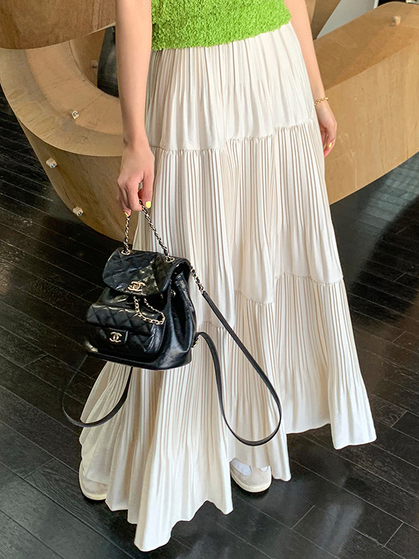 Pleated Solid Color Split-Joint A-Line High Waisted Skirts Bottoms