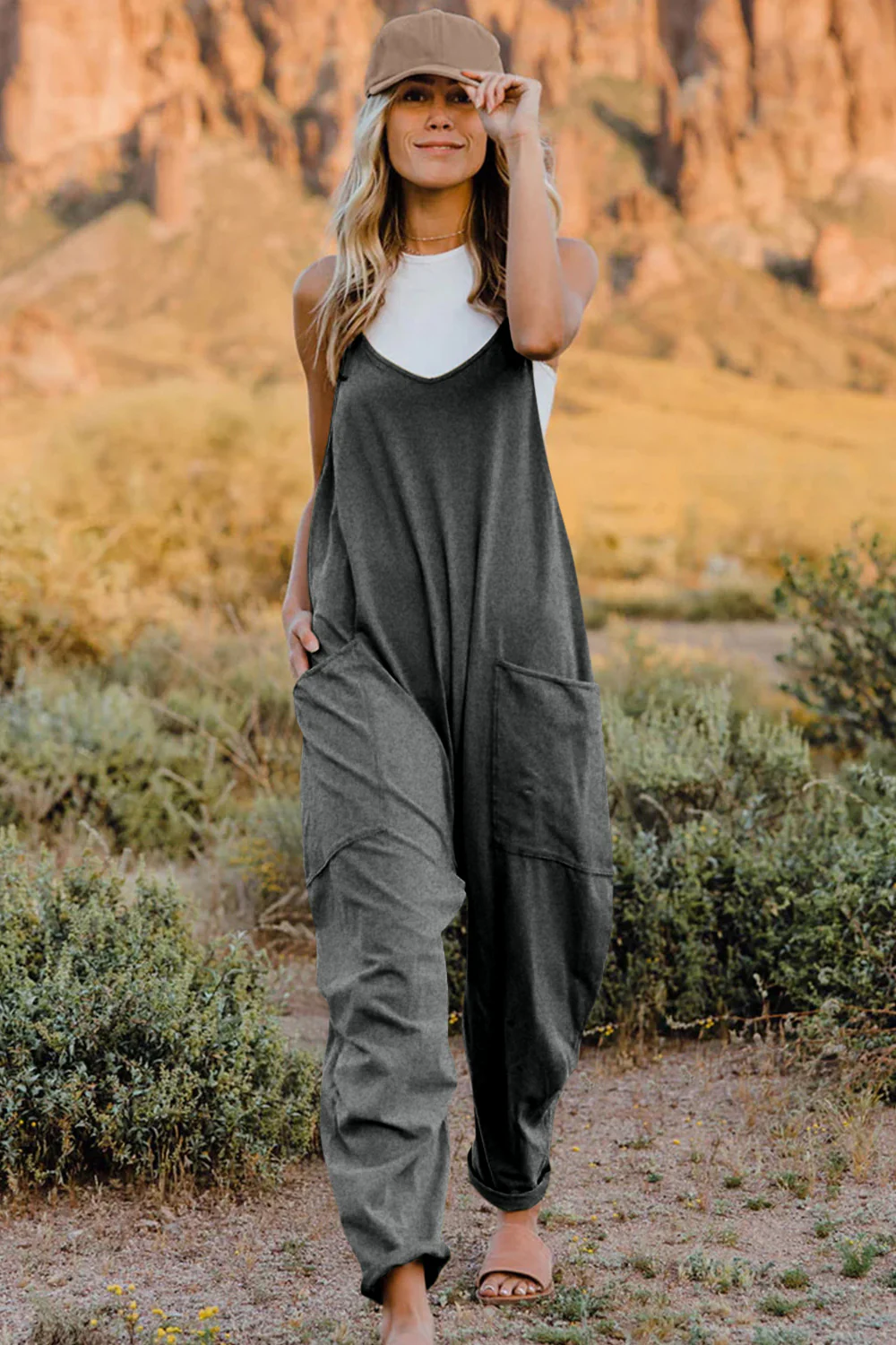 V-Neck Sleeveless Jumpsuit with Pocket