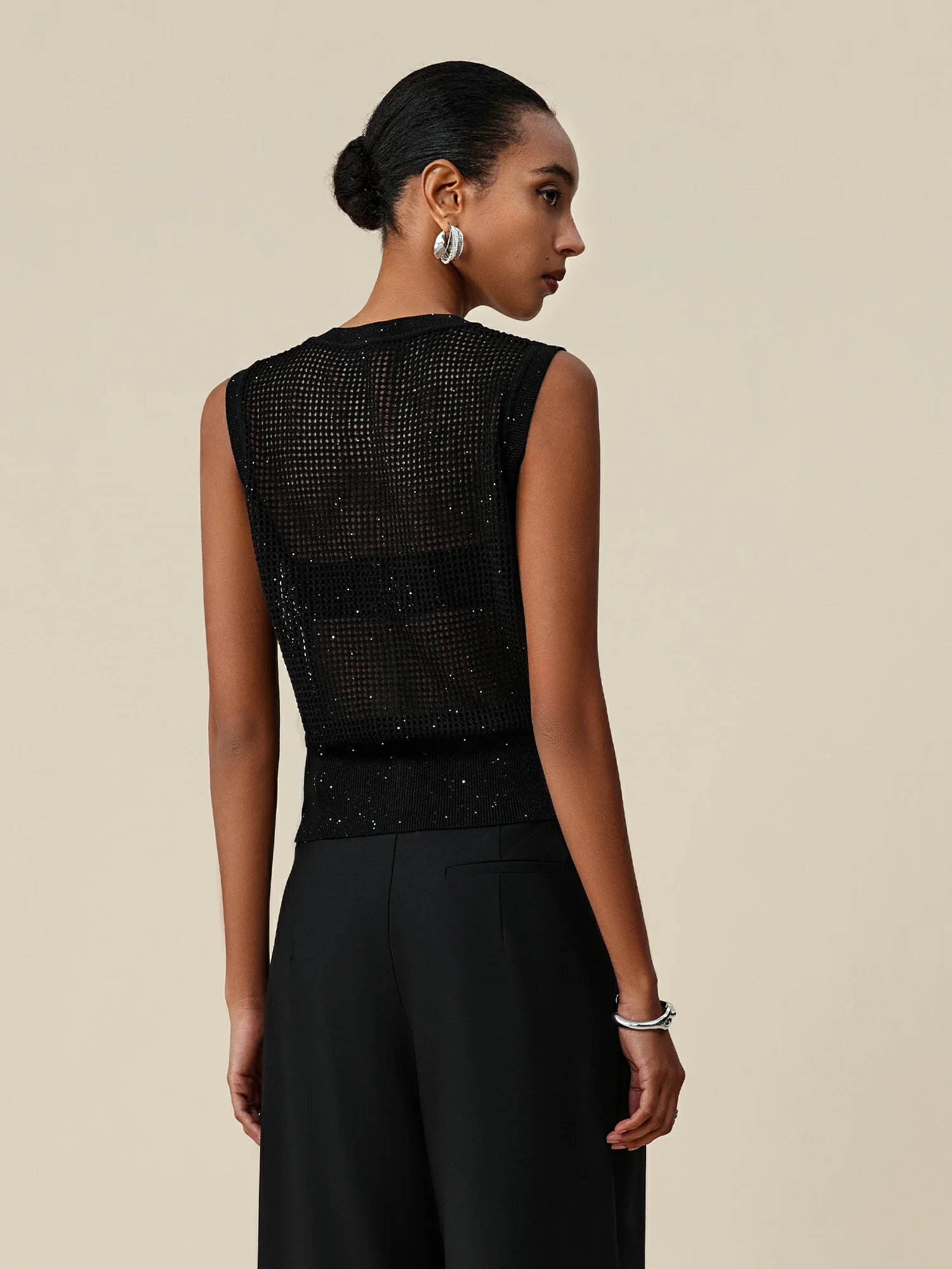 Lyocell & Linen Round Neck Hollow Sequin Vest