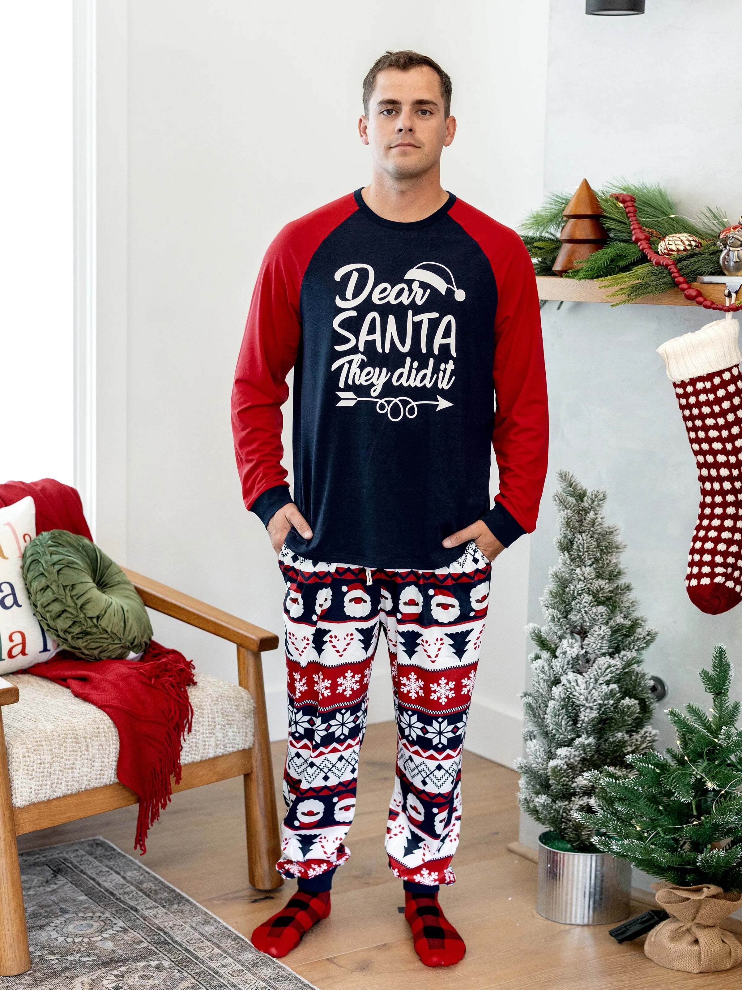 Christmas Matching Family Pajamas Set Glow In The Dark Santa Claus Print PJS with Christmas Socks Deep Blue