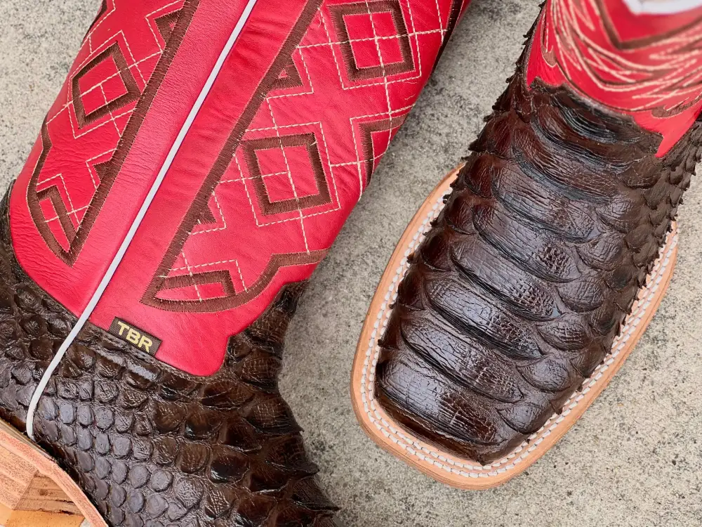 Men’s Brown Python Leather Boots With Red- Brown Embroidery Shaft