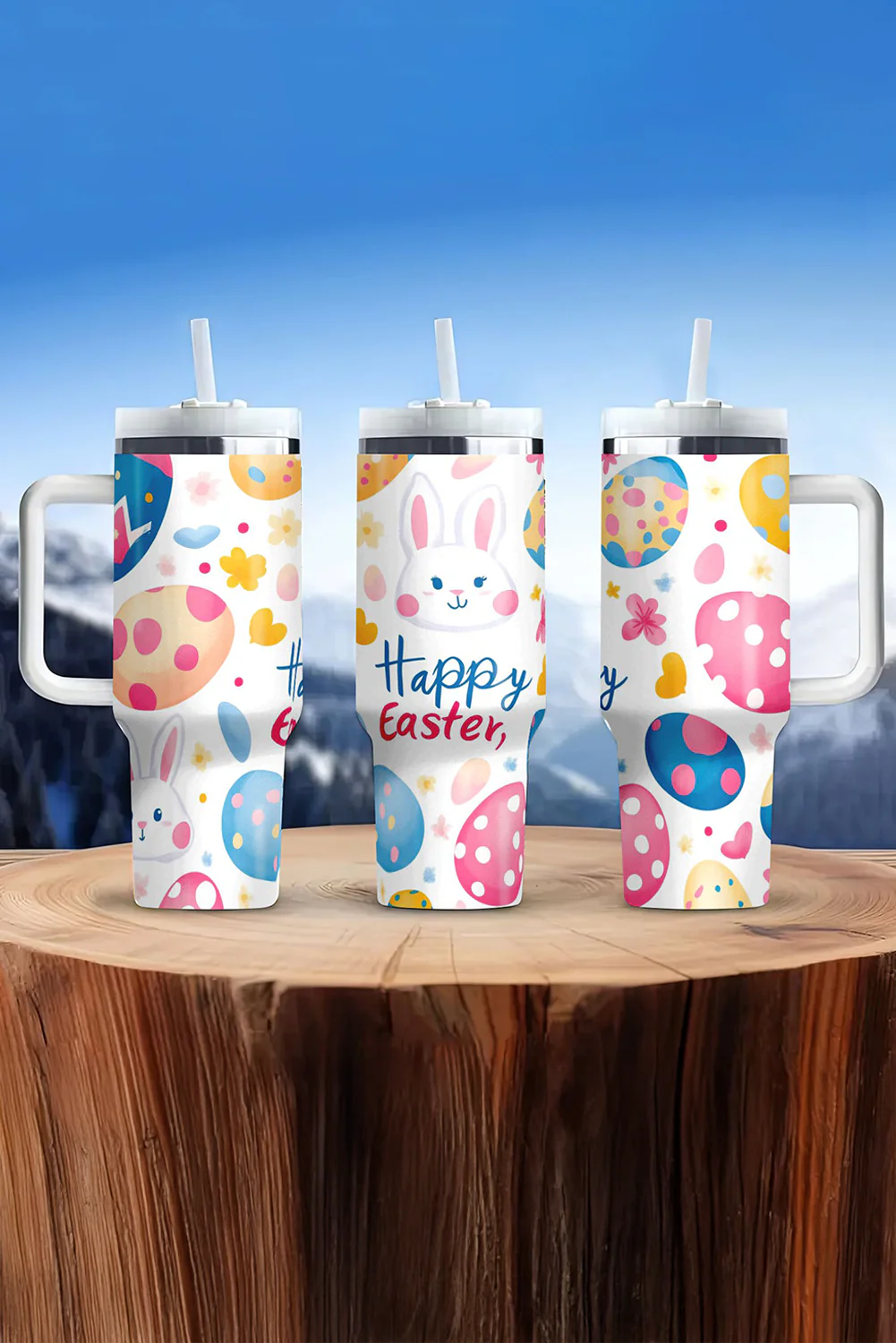 White Happy Easter Bunny Eggs Printed Thermal Tumbler