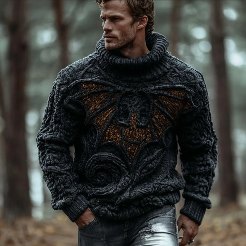 Men's Halloween 3d Embroidered Bat Pattern High Collar Sweater