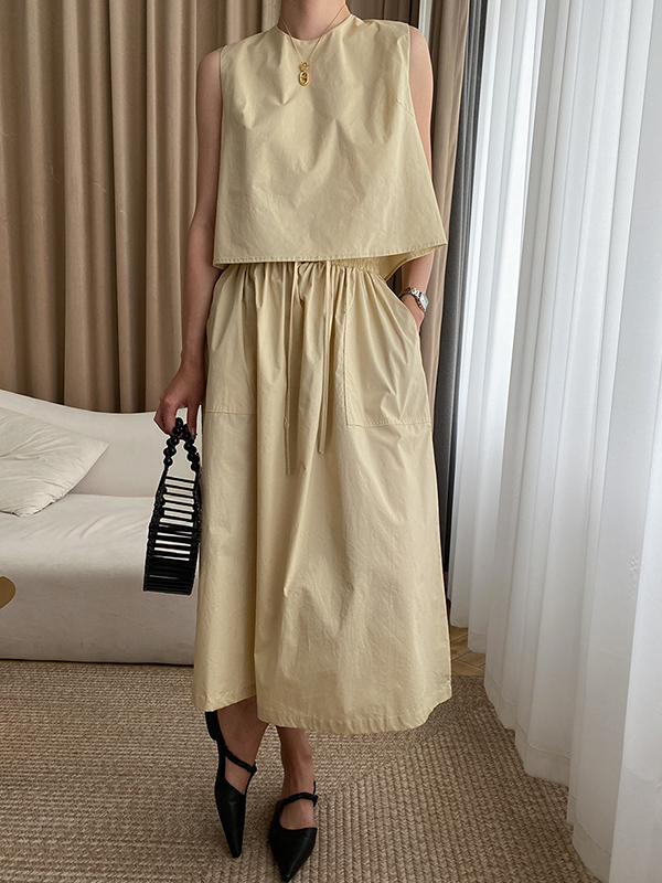 Solid Color Round-Neck Vest + High Waisted  Skirt Two Pieces Set