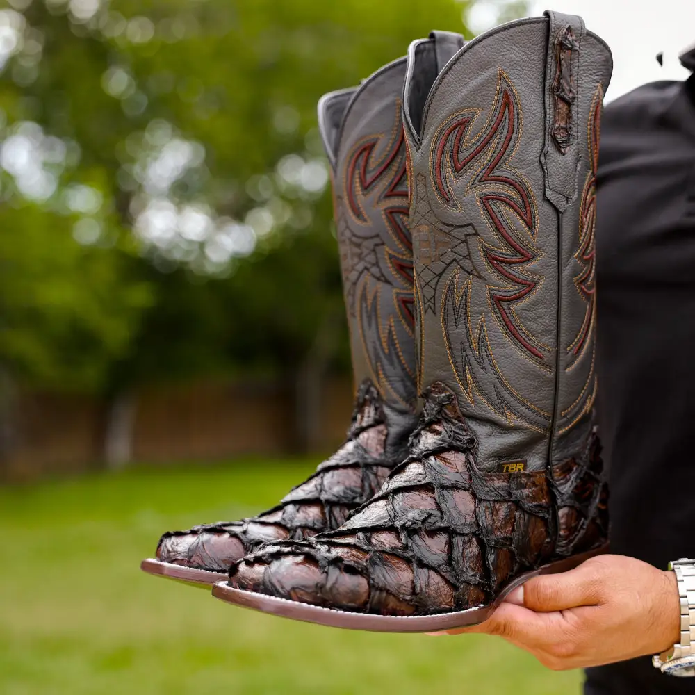 Brown Jumbo Pirarucu Leather Boots - Square Toe
