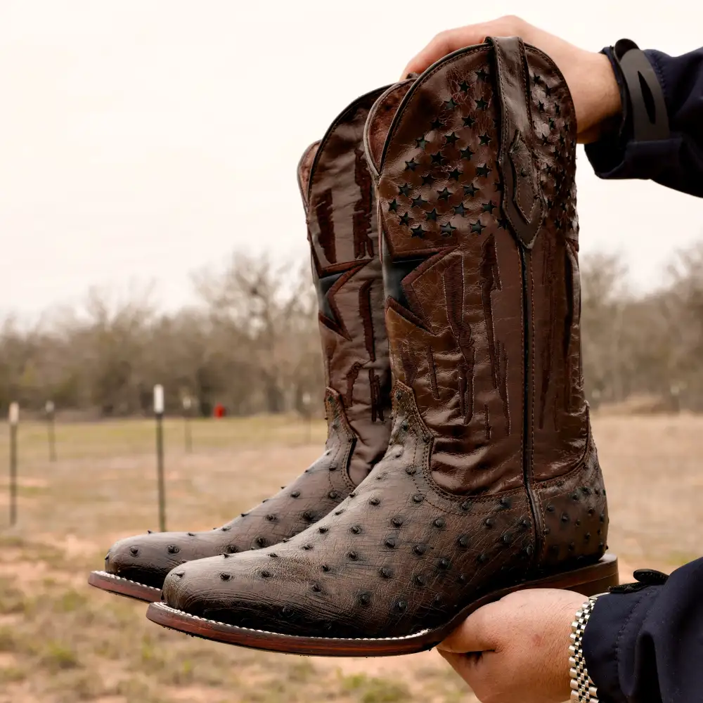 Chocolate Brown Ostrich Leather Boots - Square Toe