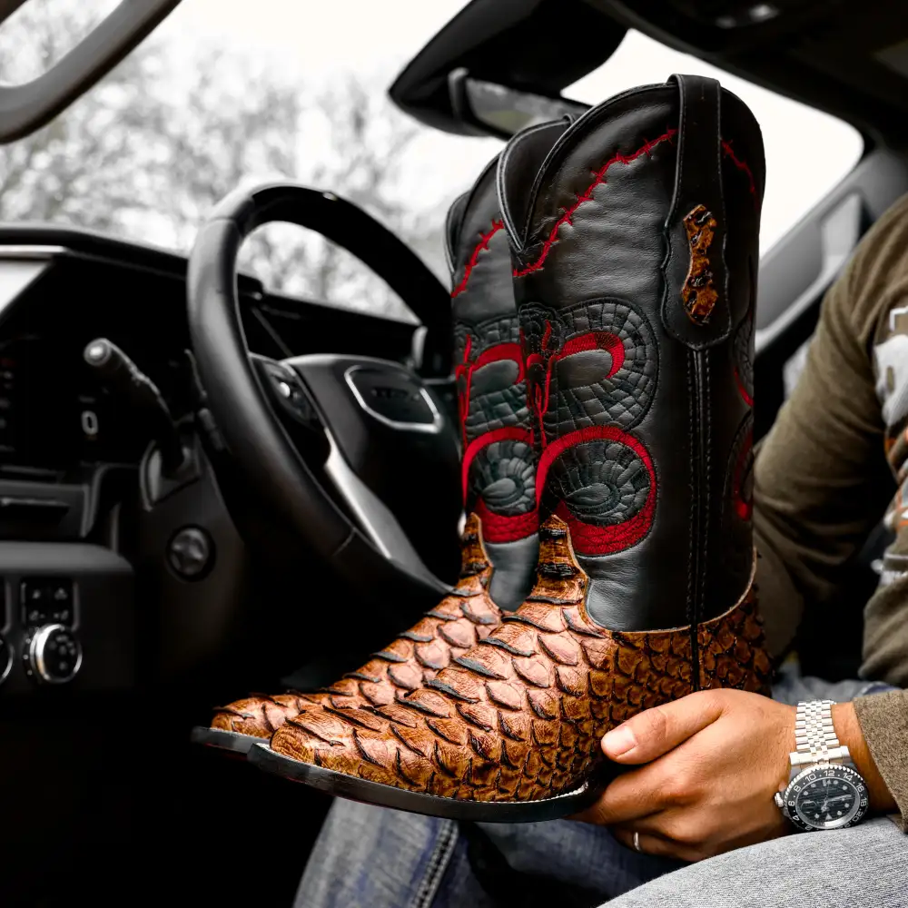 Honey Cognac Python Leather Boots - Square Toe