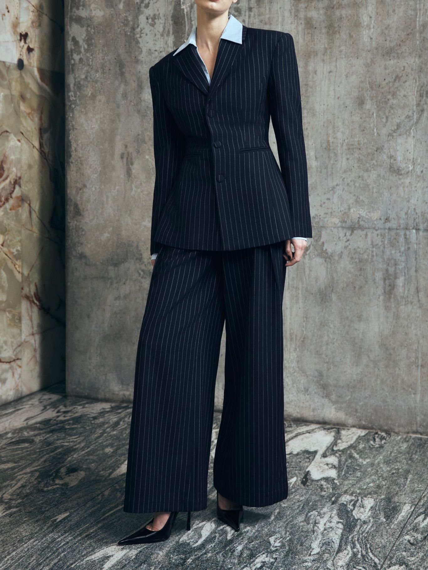 Pinstripe Pleated Wide Leg Pants