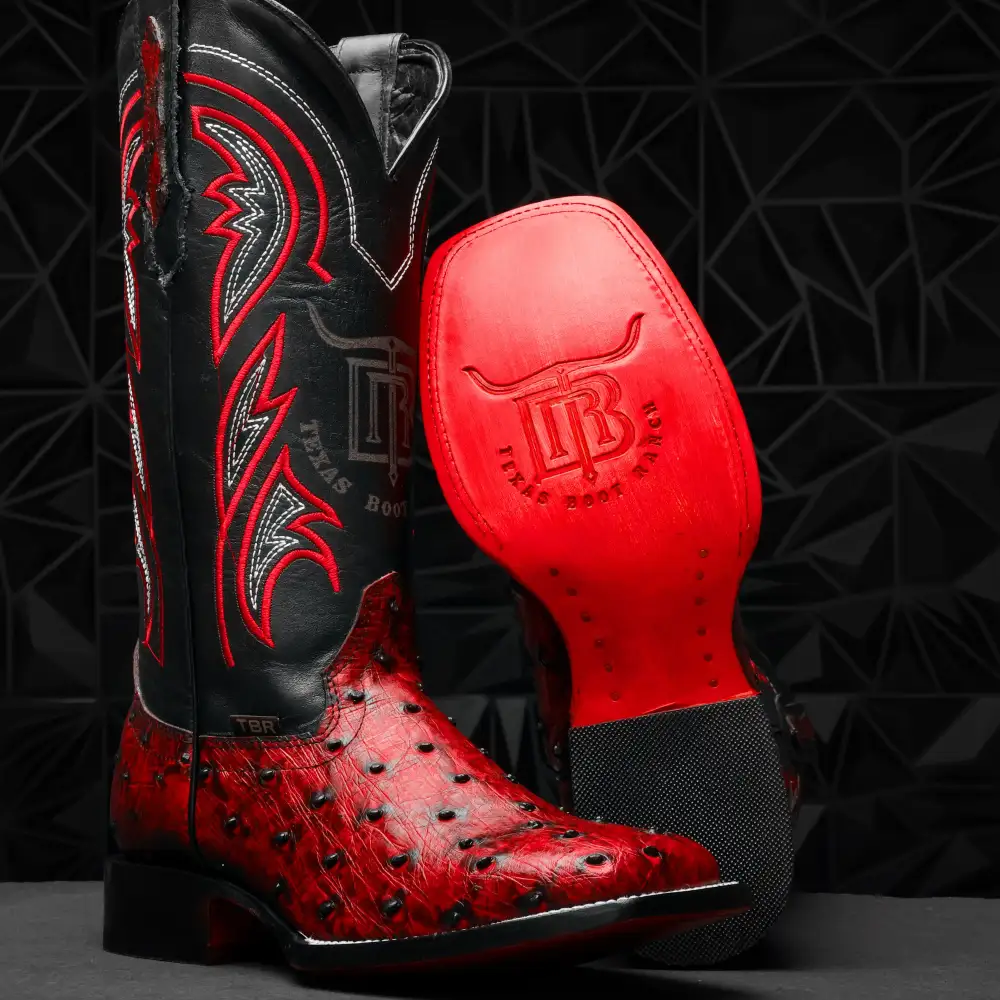 Black Cherry Ostrich Leather Boots - Square Toe