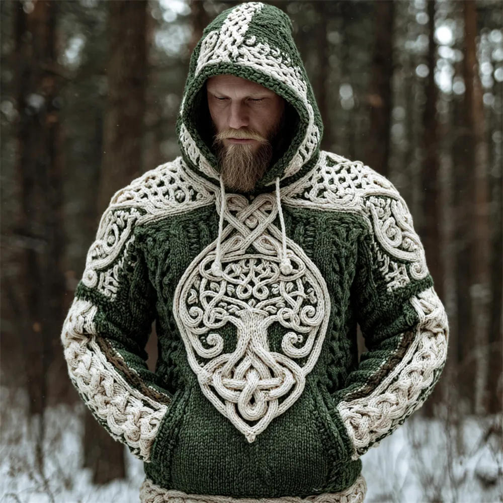 Viking Celtic Tree Knit Art Men's Hooded Sweater