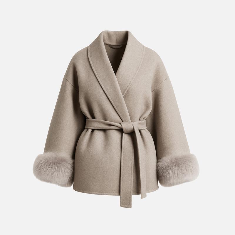 Women's Elegant Solid Color Waist Tie Fuzzy Cuff Wrap Coat, Premium Plush Long Sleeve Thermal Coat, Outerwear Jacket for Fall & Winter(CN/US)