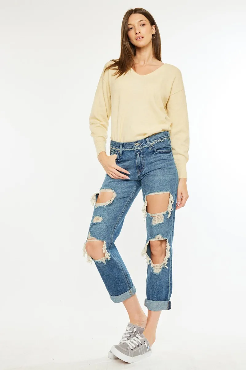 Distressed Mid Rise True Boyfriend Jeans