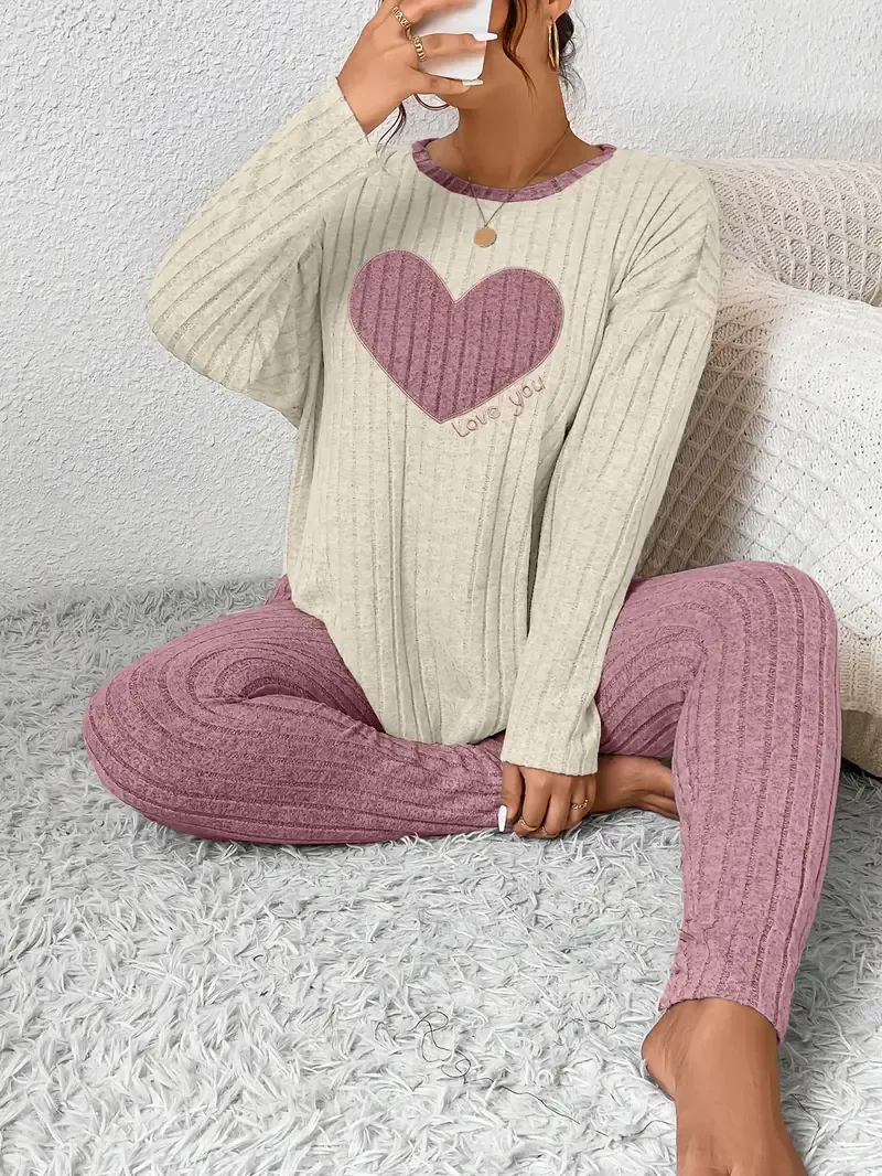 Plus Size Heart Fitted Long Sleeve And Long Pants Loungewear Set