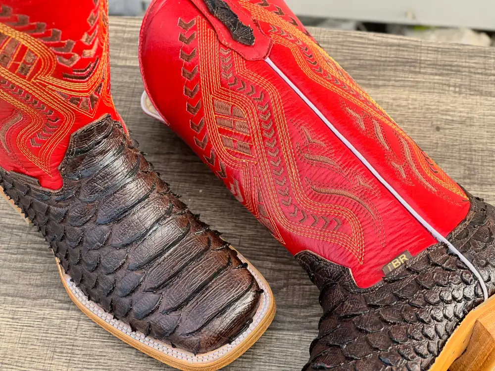 Men’s Brown Python Leather Boots With Red Shaft