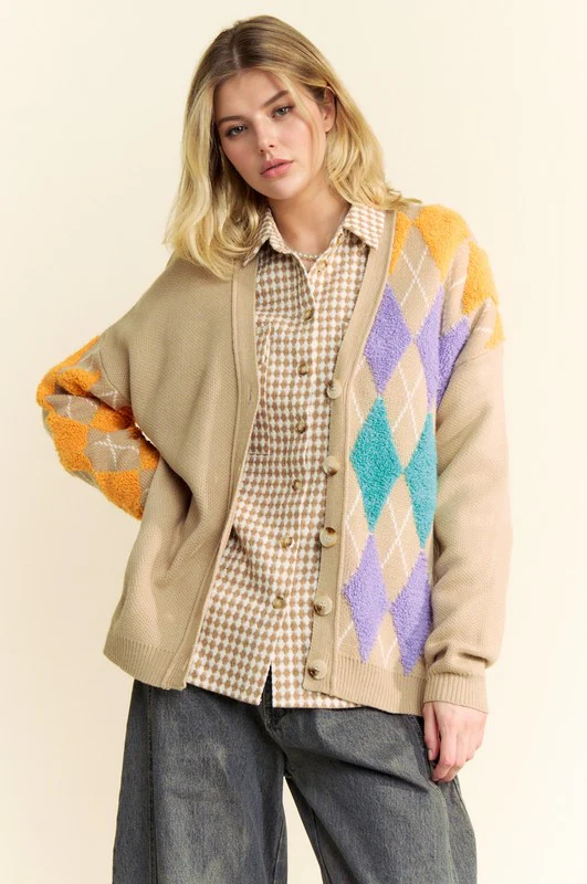Argyle V-Neck Dropped Shoulder Cardigan