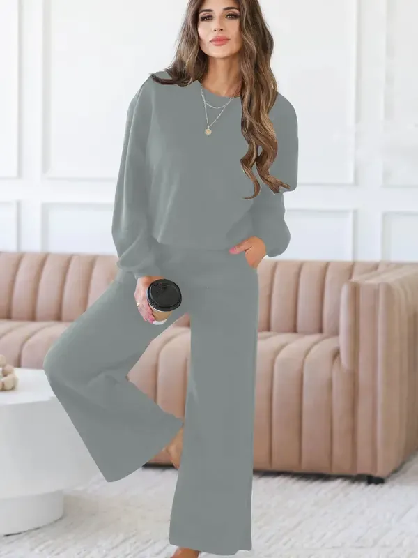 Women's Spring Fall Relaxed Fit 2-Piece Lounge Set | Long Sleeve Top & Wide Leg Pants