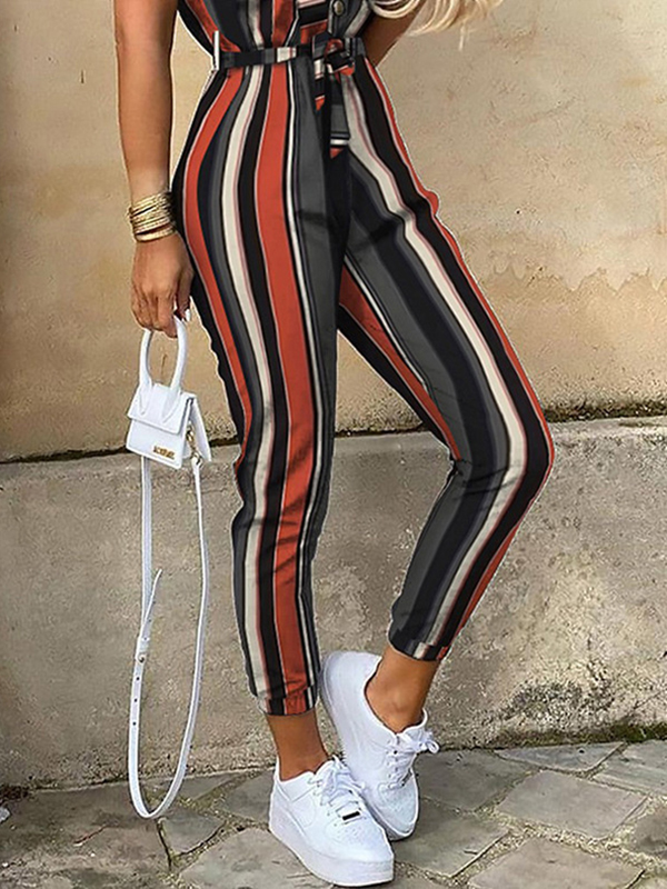Split-Joint Striped Tied Waist Loose Plus Size Lapel Jumpsuits