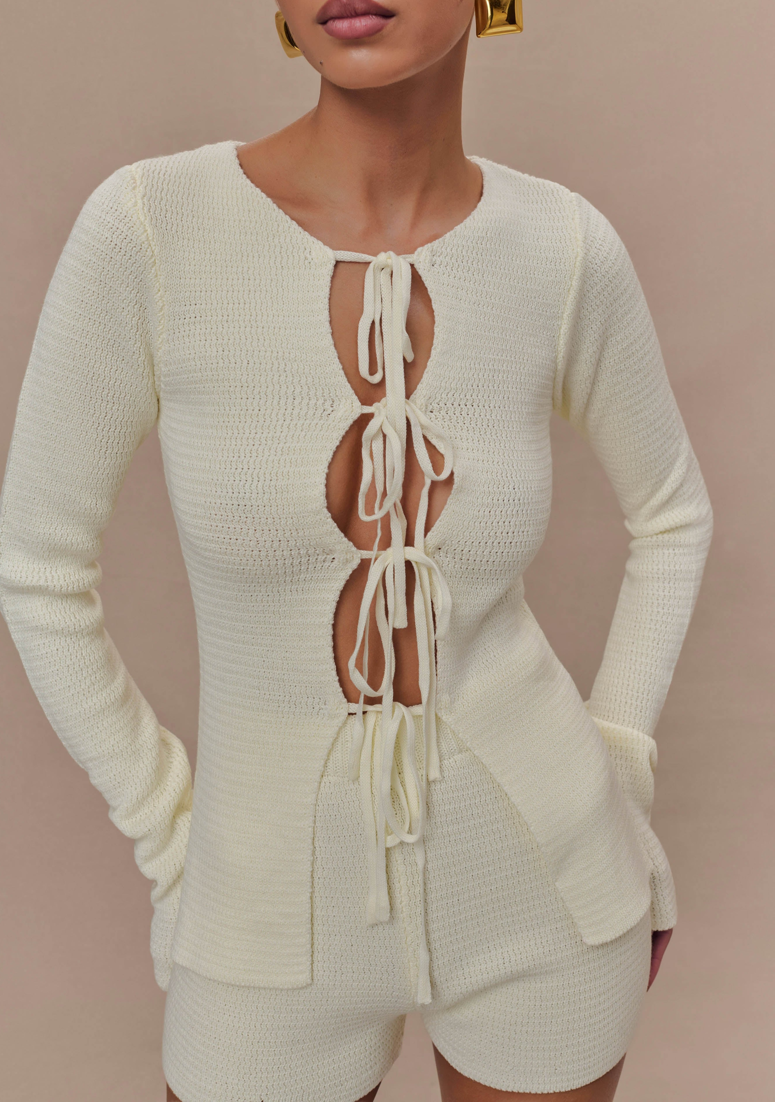 Ivory Knit Tie Long Sleeve Top