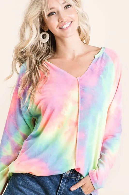Tie Dye Terry Top with Contrast Stitching Detail