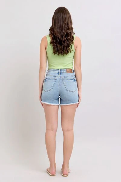 Blue Full Size Tummy Control Raw Hem Denim Shorts