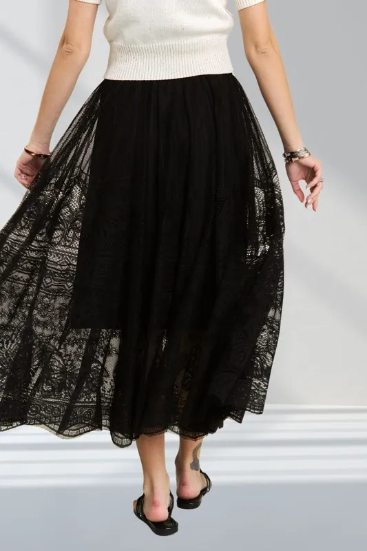 Elastic Waist Raw Hem Lace Maxi Skirt