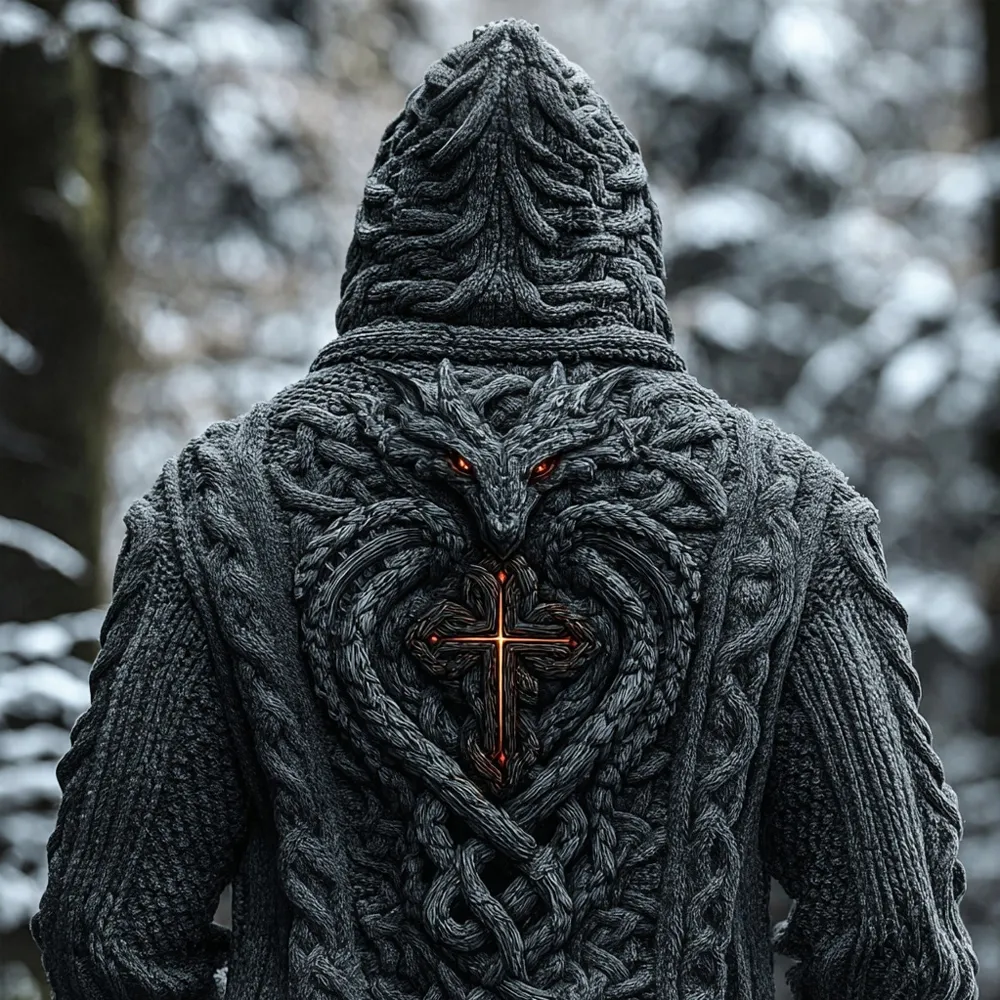 Men's Vintage Dragon Cross Celtic Cozy Hooded Sweater