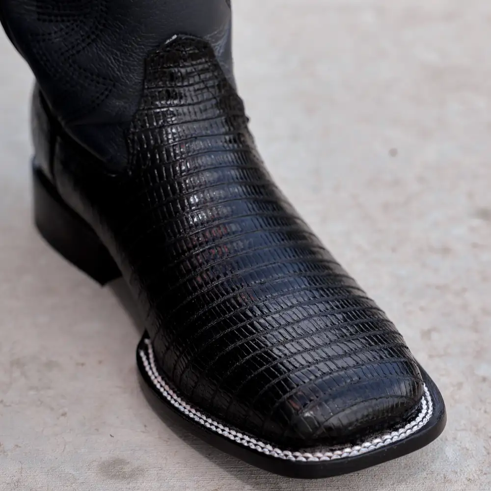 Black Lizard Leather Boots - Square Toe