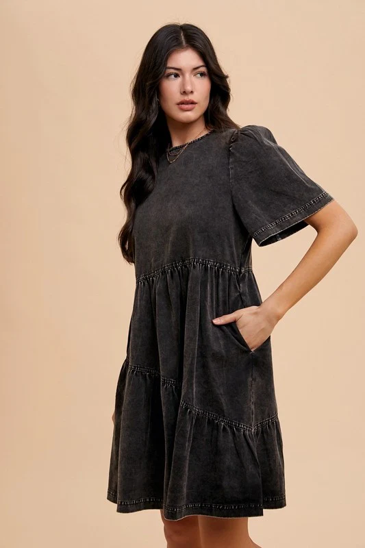 Wear Mineral Washed Round Neck Short Sleeve Denim Dress