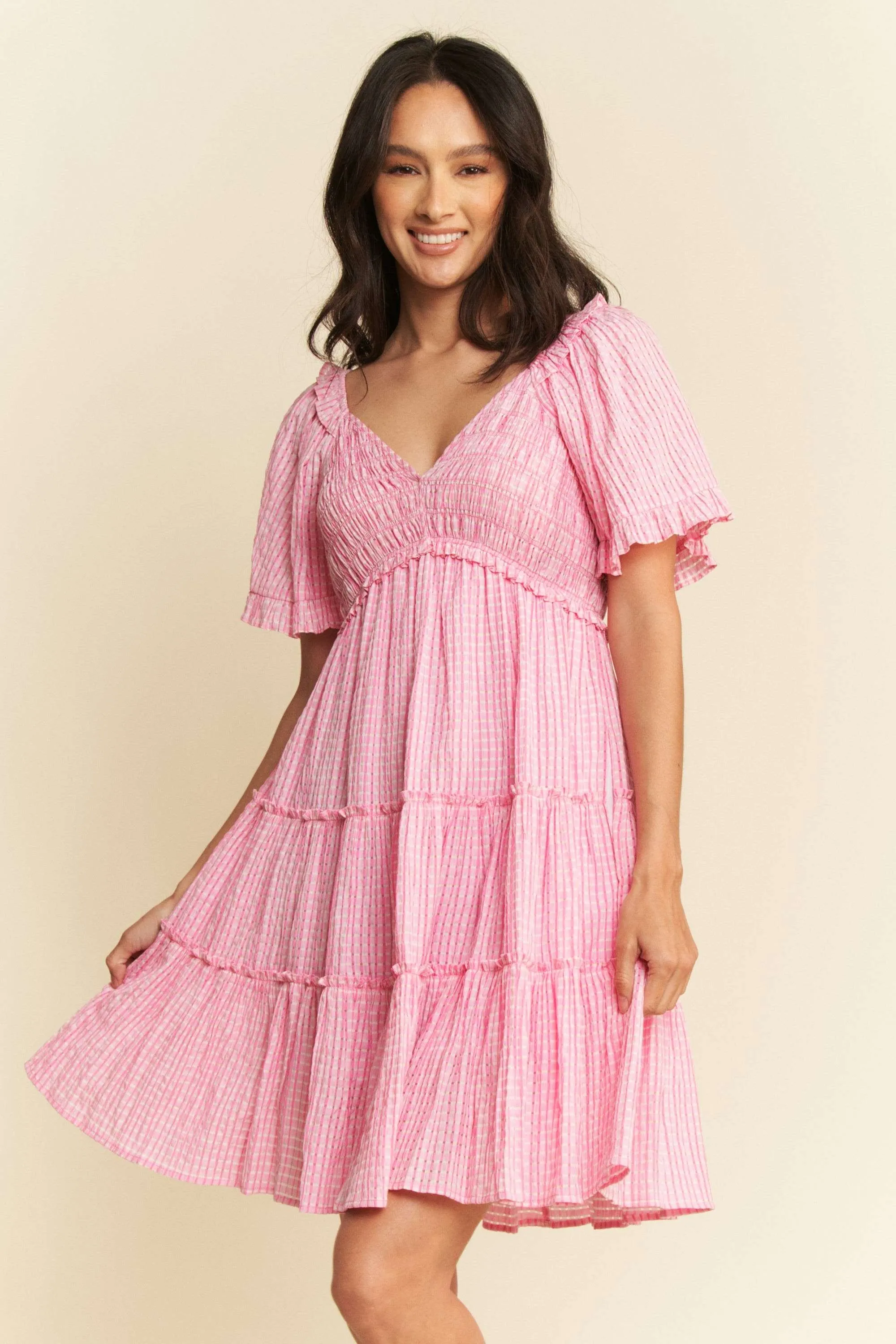 Jacquard Checker Smocking Tiered Dress