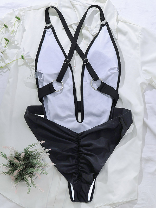 Sexy Plunging Adjustable Backless Solid Color One-Piece Swimsuit