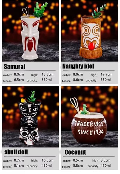 Tiki Bar Mugs for Cocktails, Premium Tropical Cups Drinks for Exotic Party