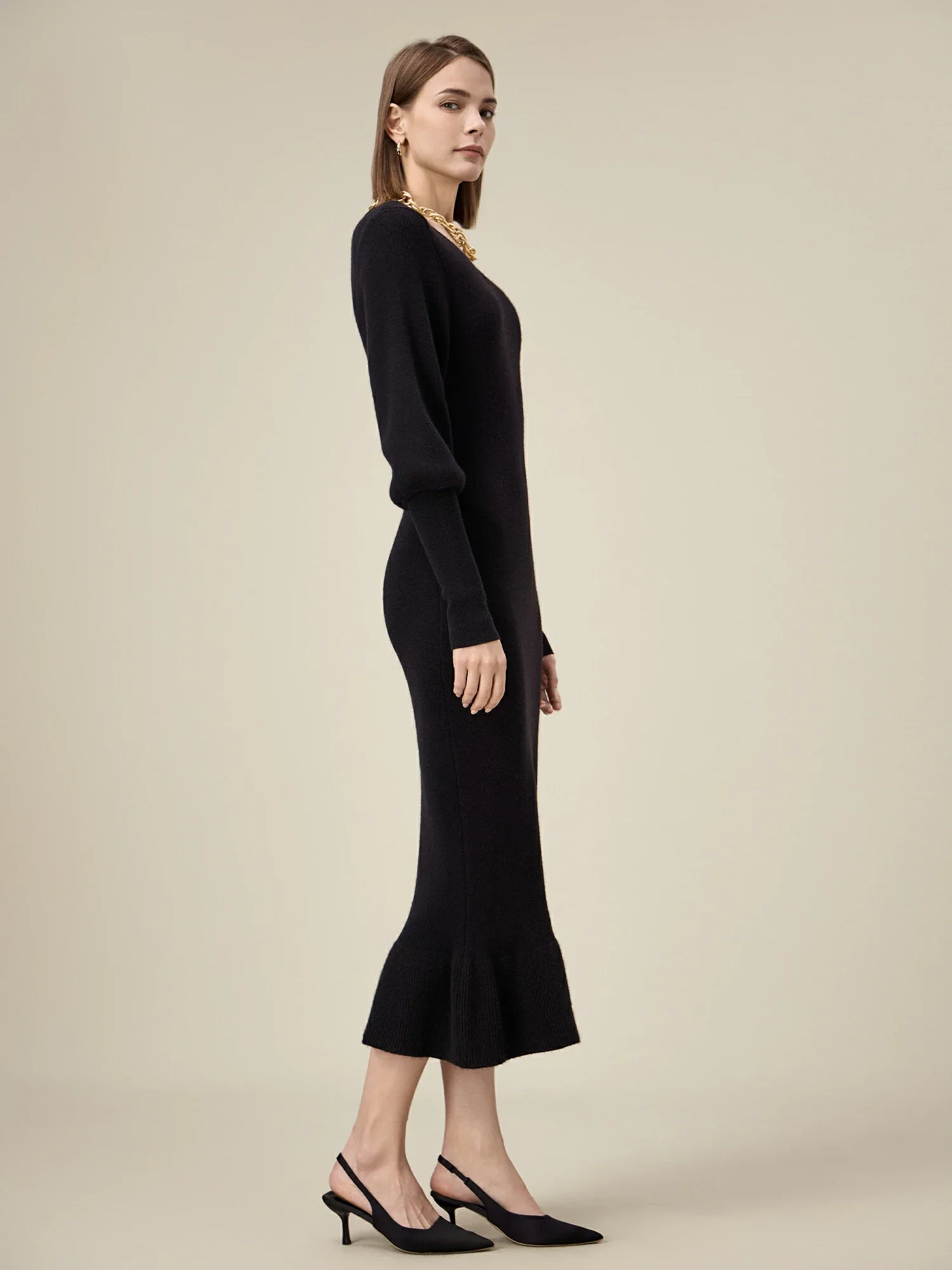 Women's 100% Wool V-Neck Knitted Dress