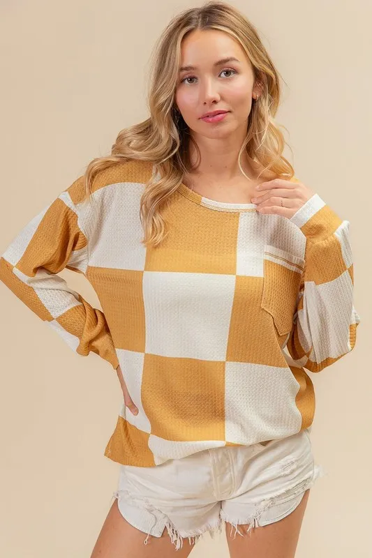 Checker Printed Hacci Top With Front Pocket