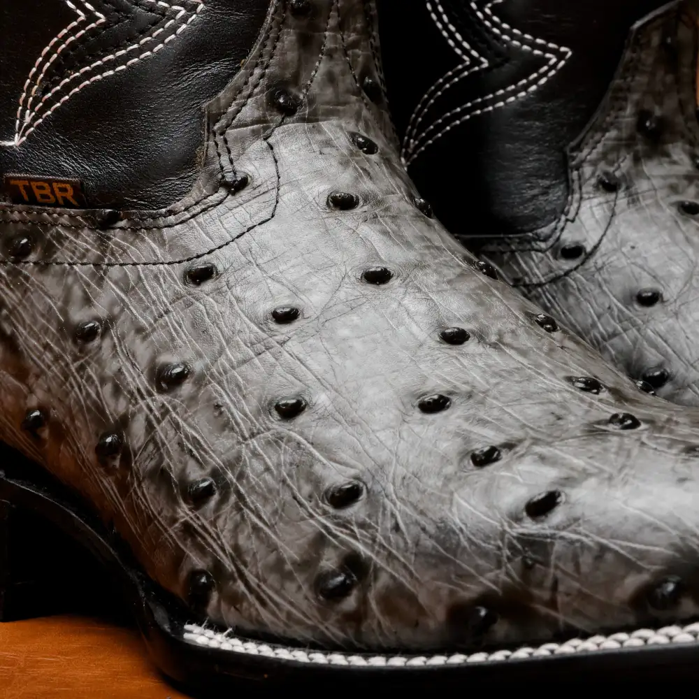 Grey Ostrich Leather Boots - Square Toe