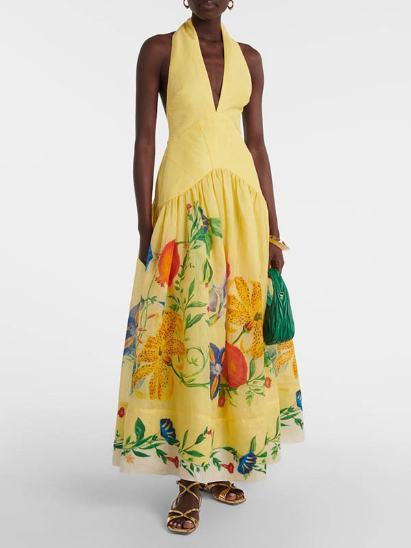 Flower Printed Sleeveless Halterneck Deep V-Neck Maxi Dresses