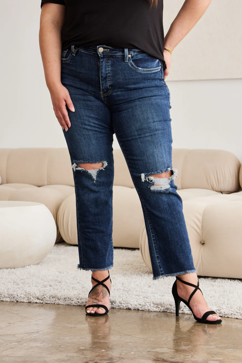 Crop Full Size Tummy Control Distressed High Waist Raw Hem Jeans
