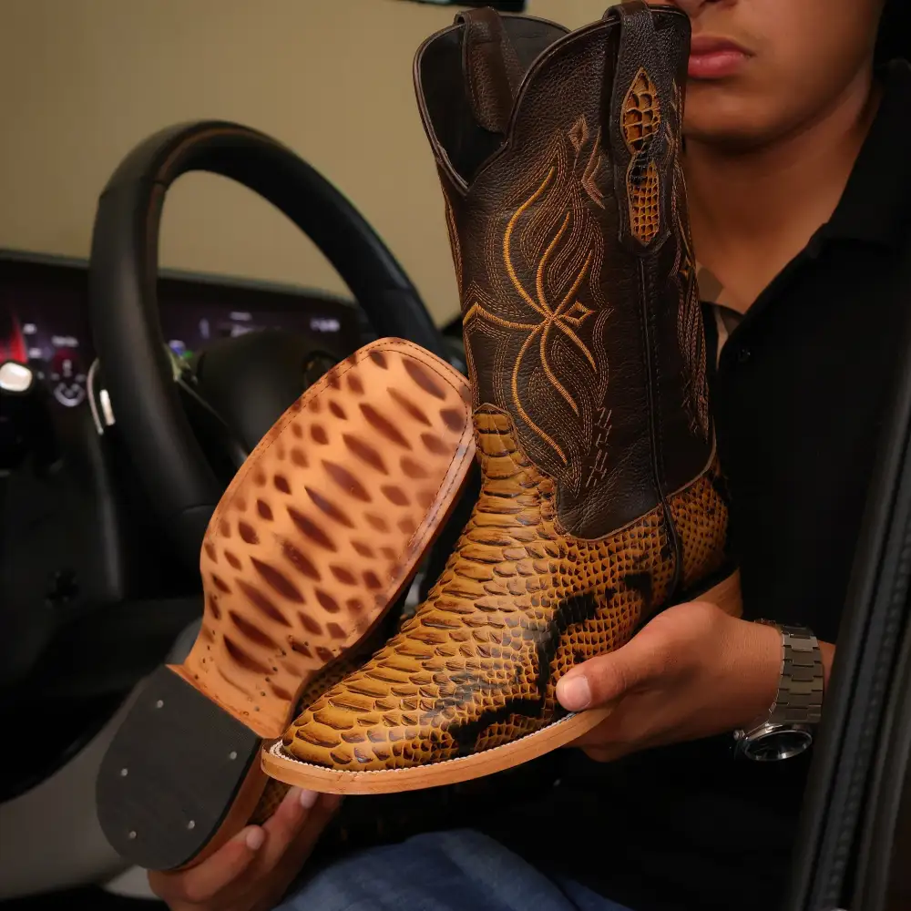 Honey Python Leather Boots — Square Toe