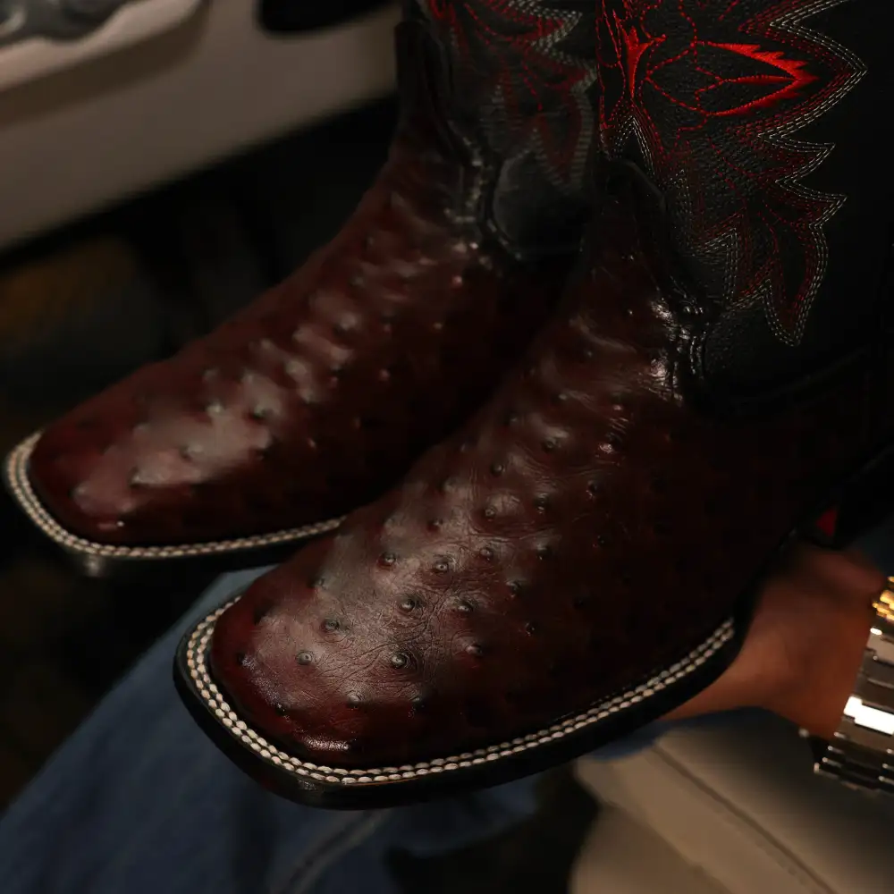 Wine Ostrich Leather Boots With Black Shaft - Square Toe