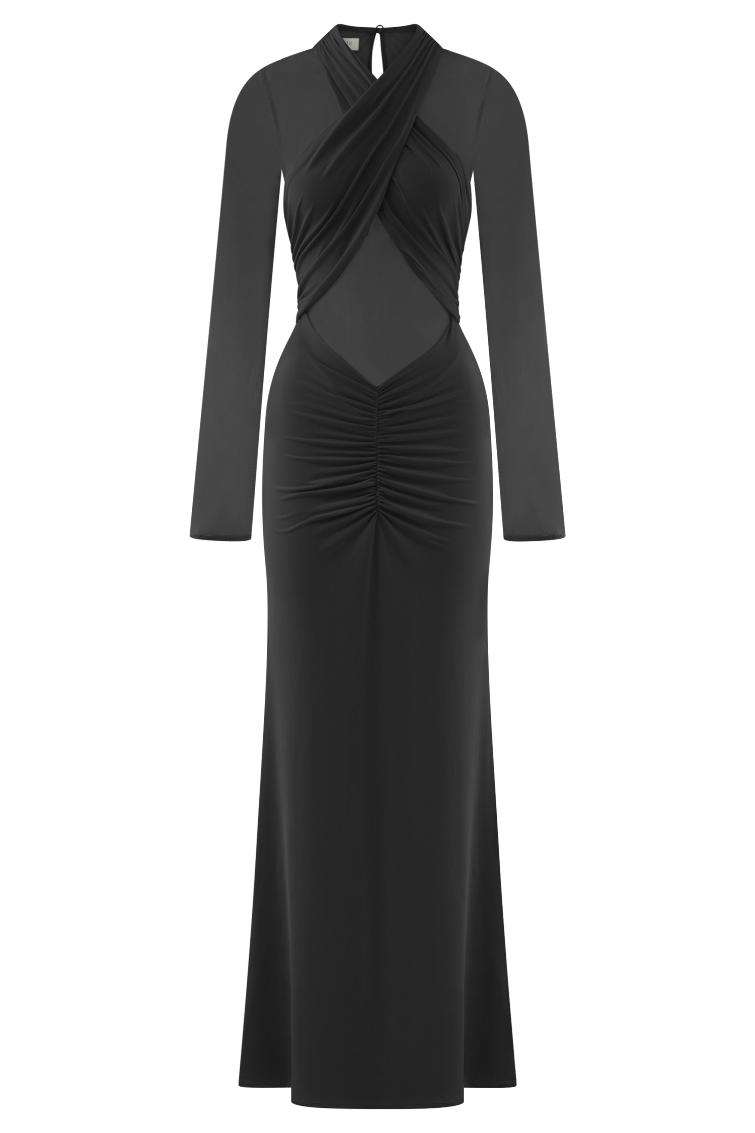 Black Slinky And Mesh Long Sleeve Maxi Dress
