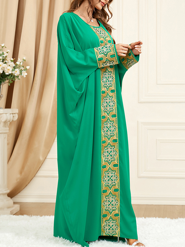 Contrast Color Embroidered Muslim Batwing Sleeves Loose Round-Neck Muslim Abaya Maxi Dresses