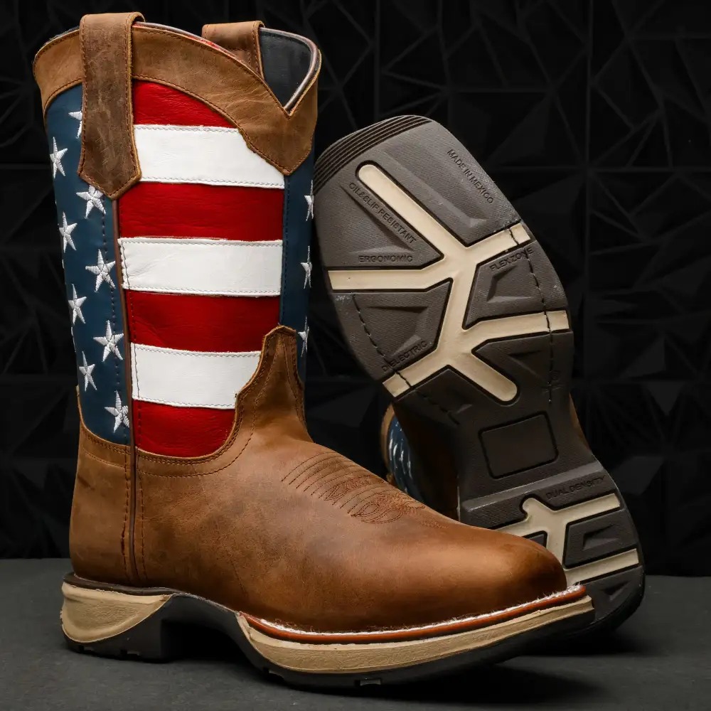 Tan Whiskey USA Flag Leather Work Boots - Composite Toe