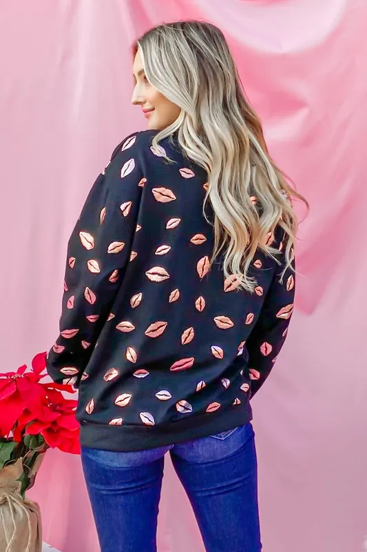 Kiss Pink Foil Allover Print Pullover Sweatshirts