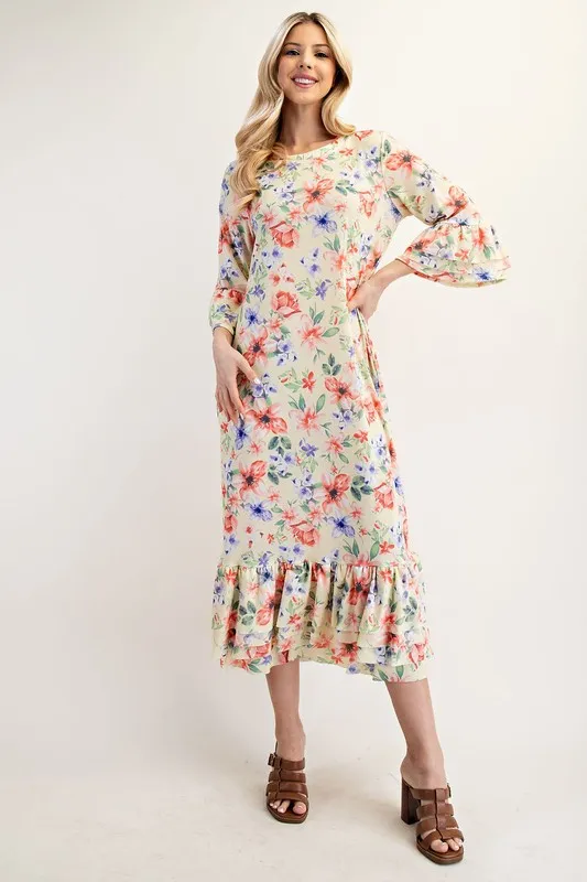 Celeste Full Size Soft Floral Ruffle Trim Dress Plus Size
