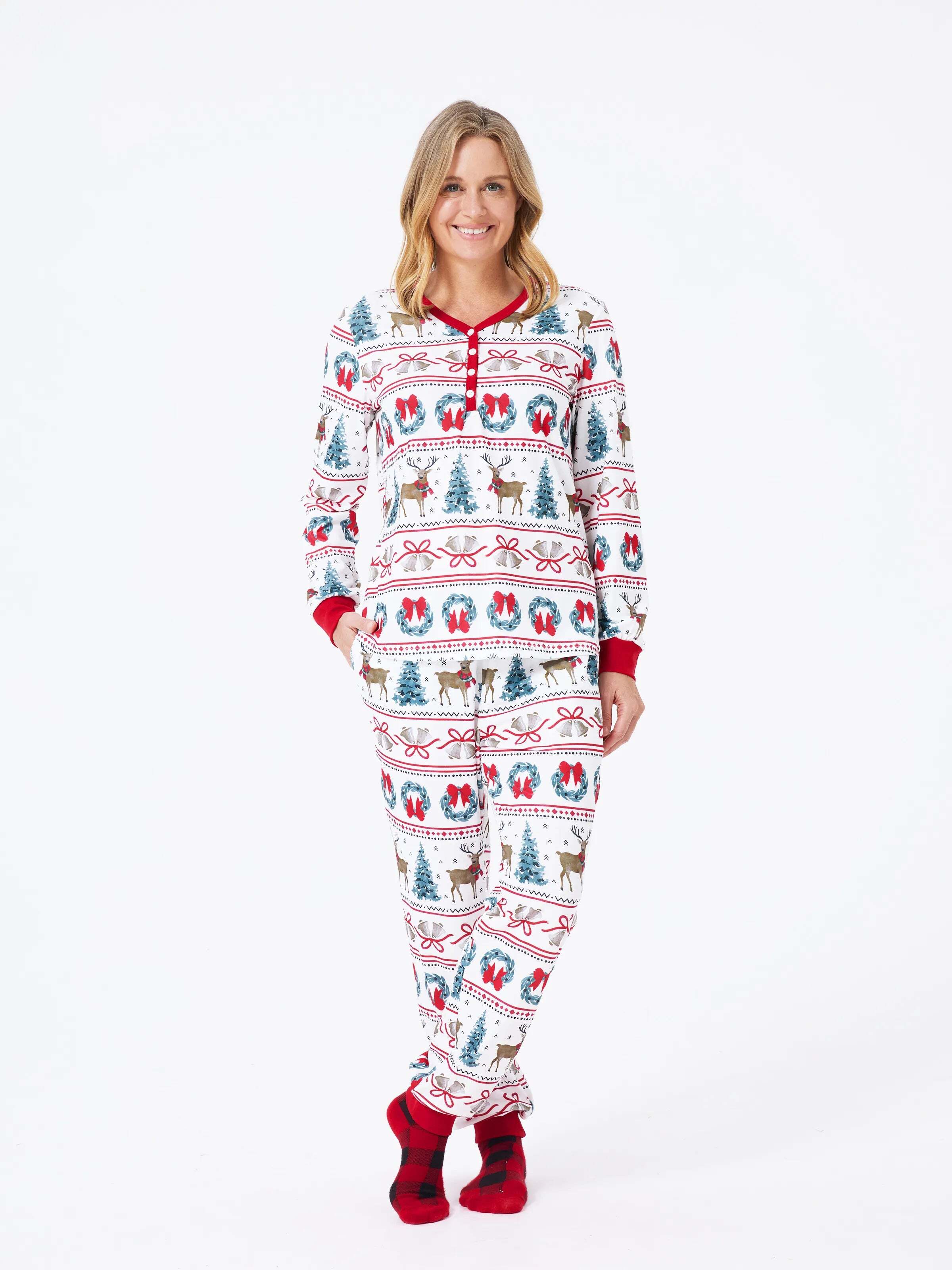 Christmas Matching Family Pajamas Set Christmas Elk and Bell Print Striped PJS with Christmas Socks White