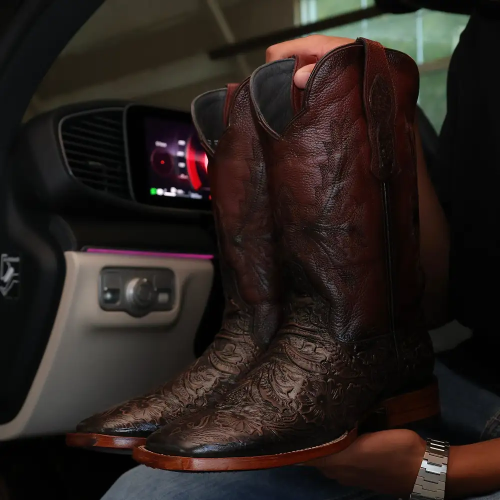 Chocolate Brown Hand-Tooled Leather Boots — Square Toe