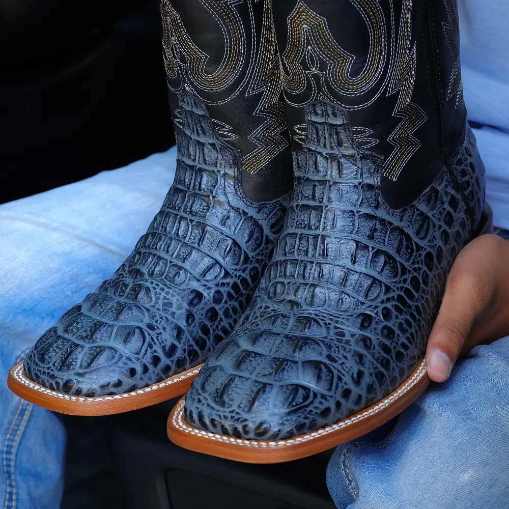 Grey Caimán Neck Leather Boots With Black Shaft — Square Toe