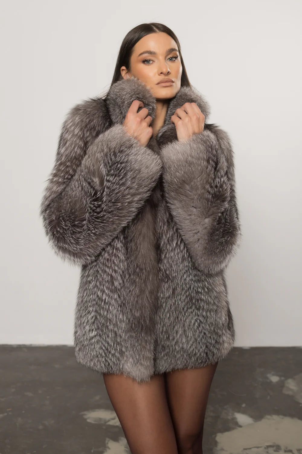 Haină din Blană Naturală de Vulpe Argintie, Femei, Silver Fox 435